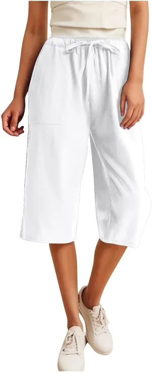 Linen Capris Pants for Women Summer Drawstring High Waisted Yoga Pants Comfy Soft Baagy Lounge Trousers with Pockets