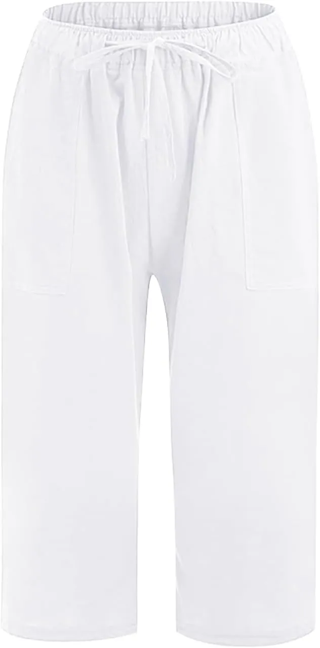 Linen Capris Pants for Women Summer Drawstring High Waisted Yoga Pants Comfy Soft Baagy Lounge Trousers with Pockets