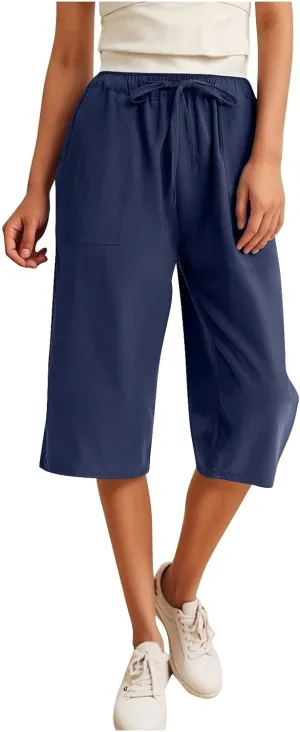 Linen Capris Pants for Women Summer Drawstring High Waisted Yoga Pants Comfy Soft Baagy Lounge Trousers with Pockets