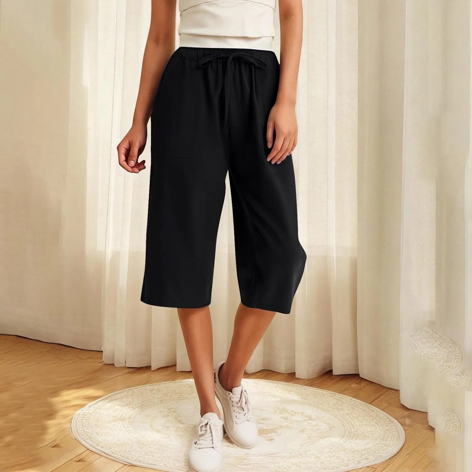 Linen Capris Pants for Women Summer Drawstring High Waisted Yoga Pants Comfy Soft Baagy Lounge Trousers with Pockets