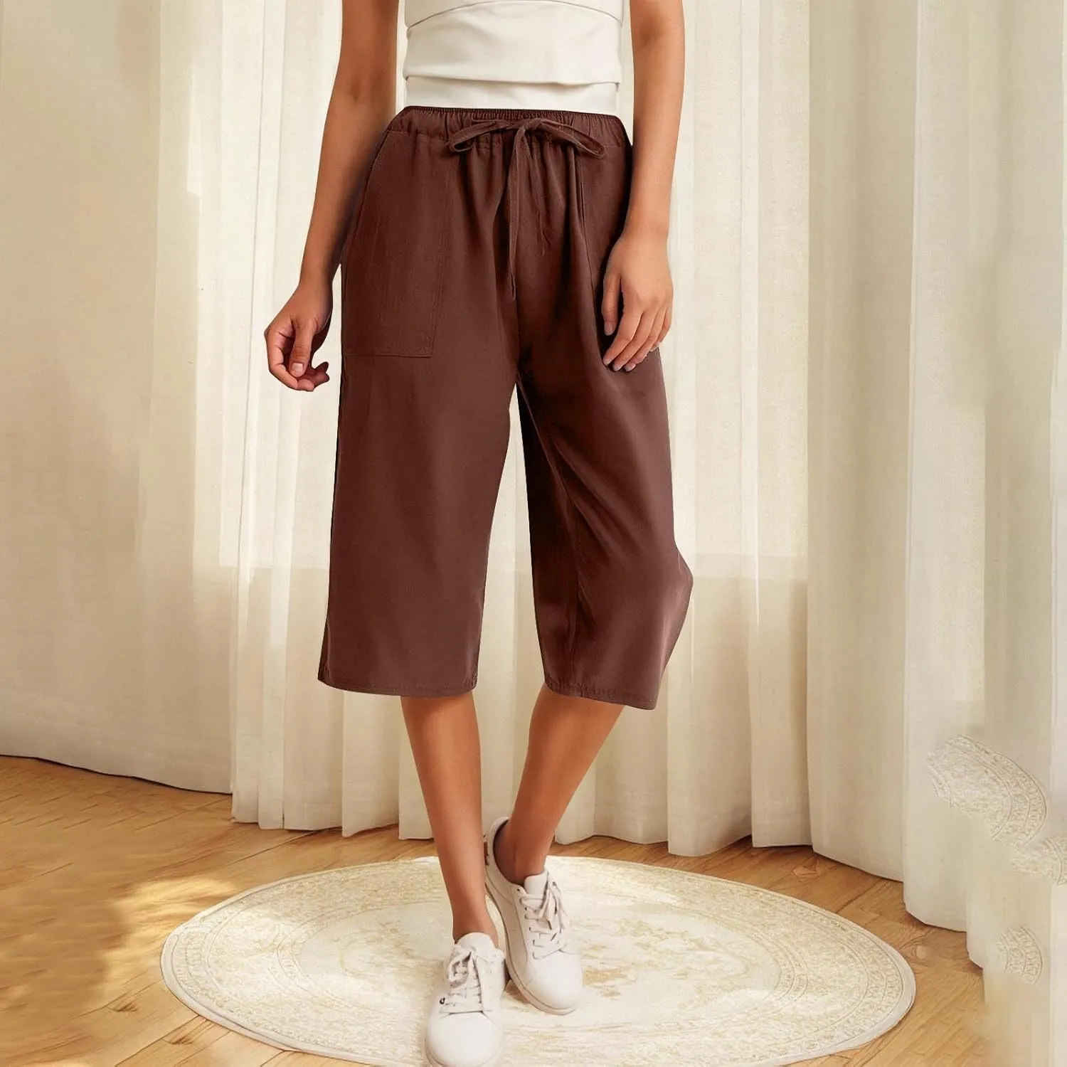 Linen Capris Pants for Women Summer Drawstring High Waisted Yoga Pants Comfy Soft Baagy Lounge Trousers with Pockets