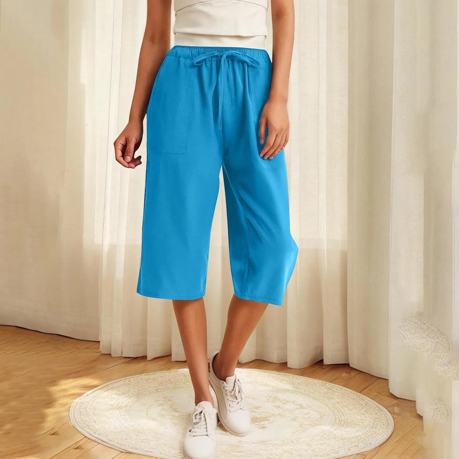 Linen Capris Pants for Women Summer Drawstring High Waisted Yoga Pants Comfy Soft Baagy Lounge Trousers with Pockets