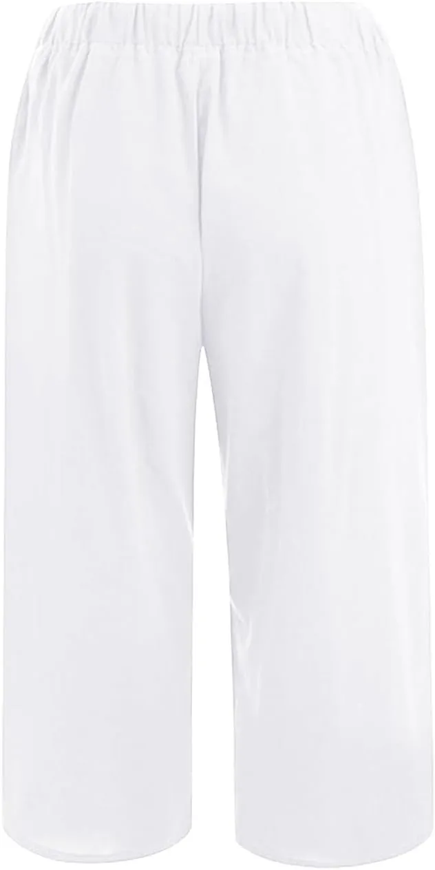 Linen Capris Pants for Women Summer Drawstring High Waisted Yoga Pants Comfy Soft Baagy Lounge Trousers with Pockets