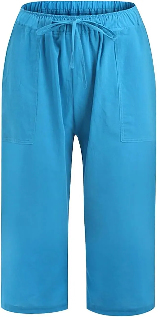 Linen Capris Pants for Women Summer Drawstring High Waisted Yoga Pants Comfy Soft Baagy Lounge Trousers with Pockets