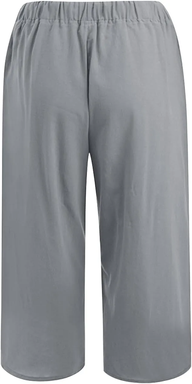 Linen Capris Pants for Women Summer Drawstring High Waisted Yoga Pants Comfy Soft Baagy Lounge Trousers with Pockets