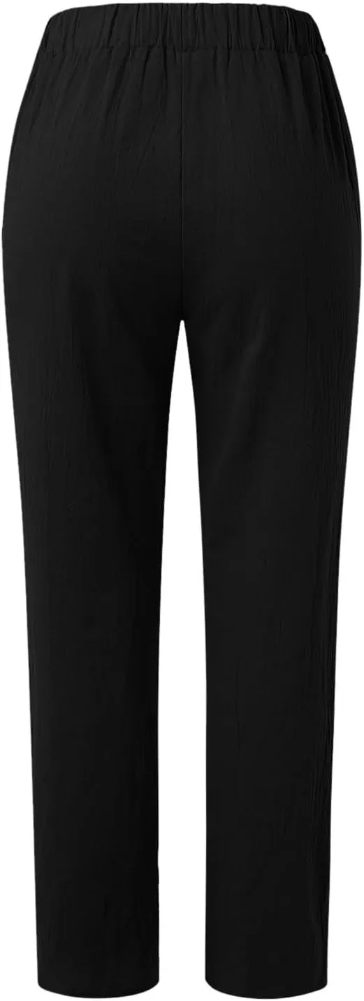 Linen Pants for Women 2025 Pants Stripe Print Side Trendy Pants Baggy Elastic Waist Straight Leg Comfy Beach Trousers