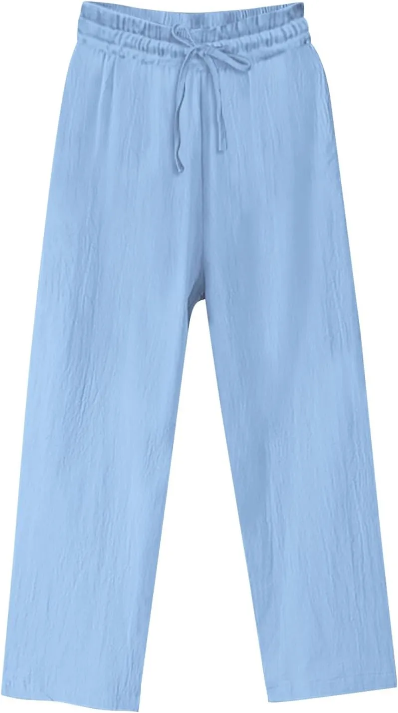 Linen Pants for Women Baggy 2025 Plus Size Straight Leg Pants Wide Leg Solid Palazzo Trousers Beach Travel Outfits
