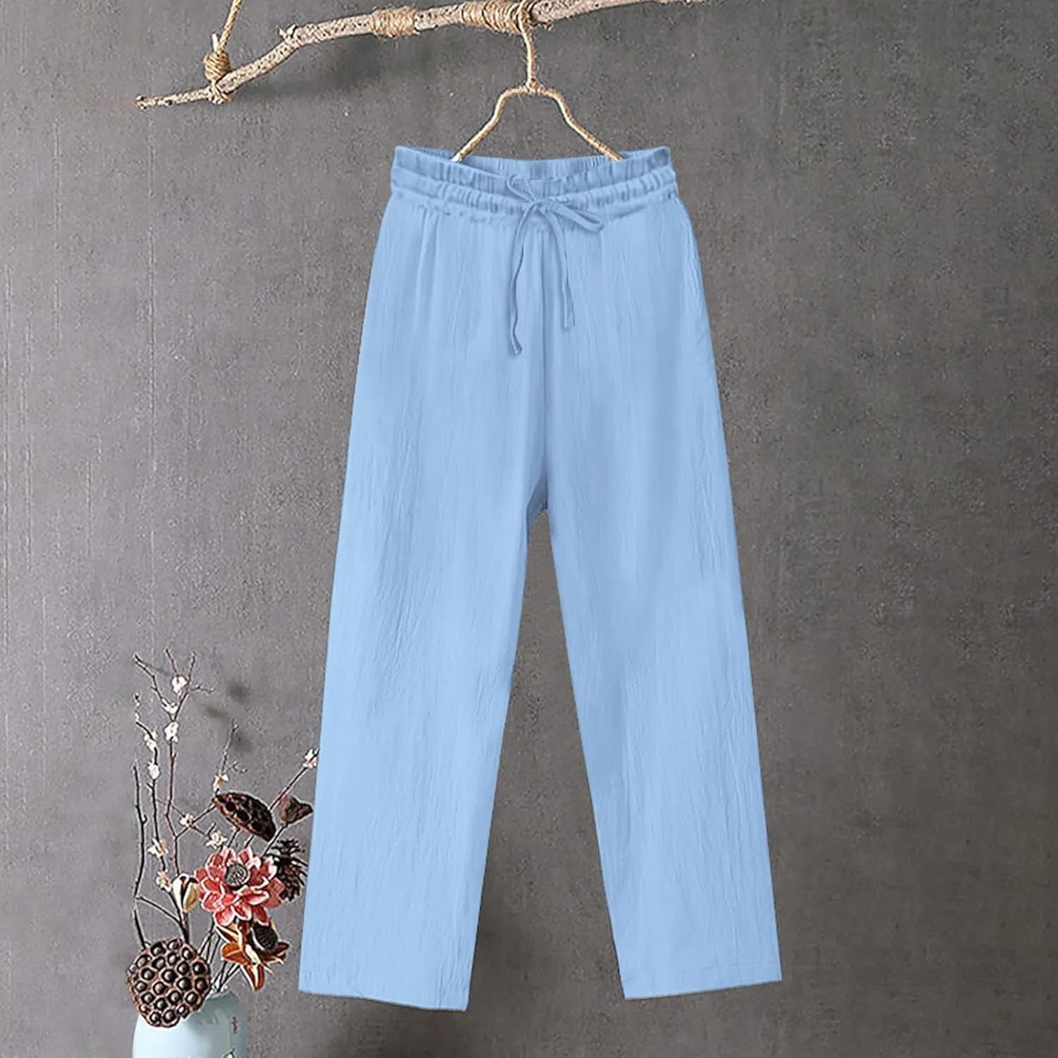 Linen Pants for Women Baggy 2025 Plus Size Straight Leg Pants Wide Leg Solid Palazzo Trousers Beach Travel Outfits