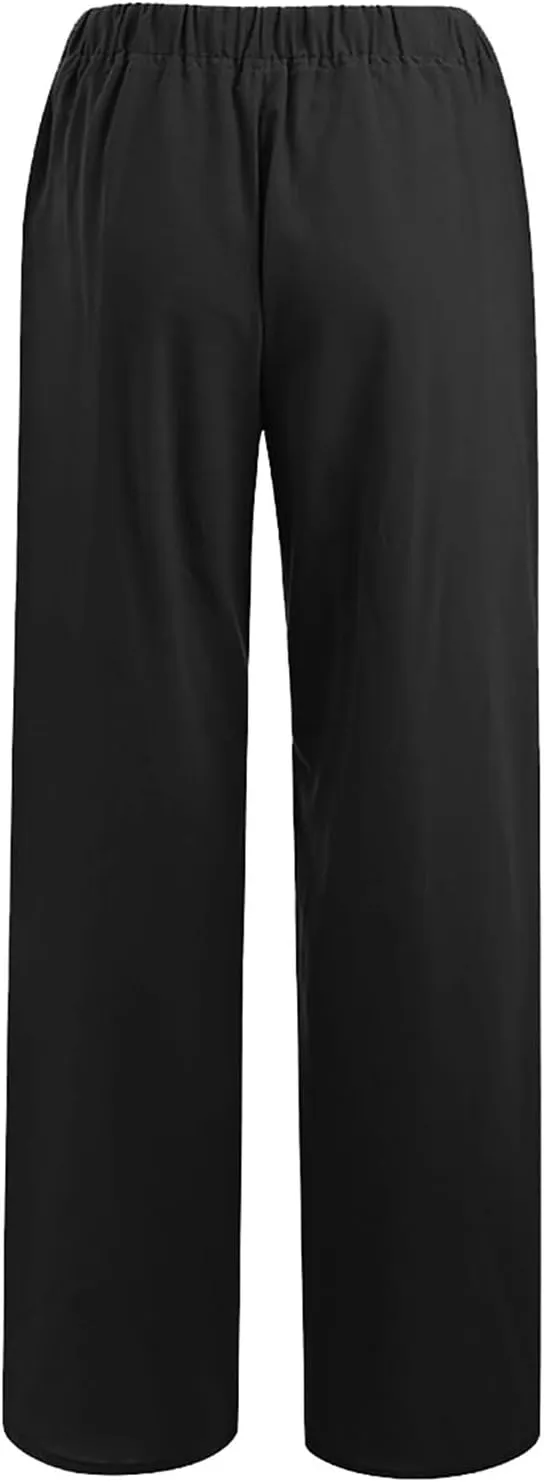 Linen Pants for Women Casual Baggy High Waist Straight Leg Pants Lightweight Comfy Summer Beach Trousers with Pockets