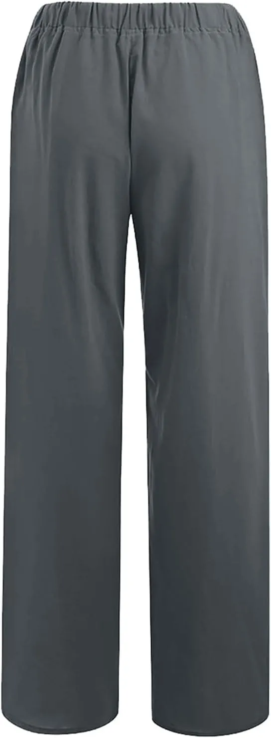 Linen Pants for Women Casual Baggy High Waist Straight Leg Pants Lightweight Comfy Summer Beach Trousers with Pockets