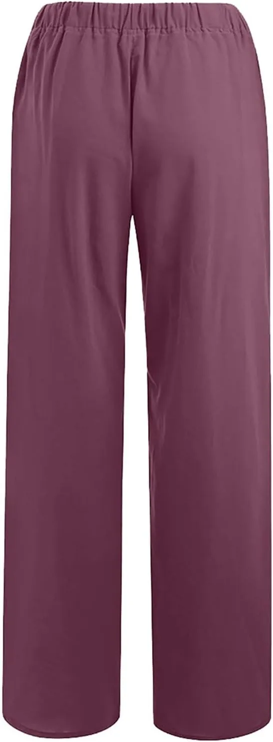 Linen Pants for Women Casual Baggy High Waist Straight Leg Pants Lightweight Comfy Summer Beach Trousers with Pockets