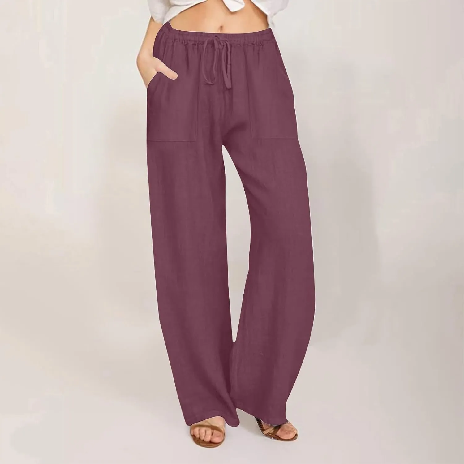 Linen Pants for Women Casual Baggy High Waist Straight Leg Pants Lightweight Comfy Summer Beach Trousers with Pockets