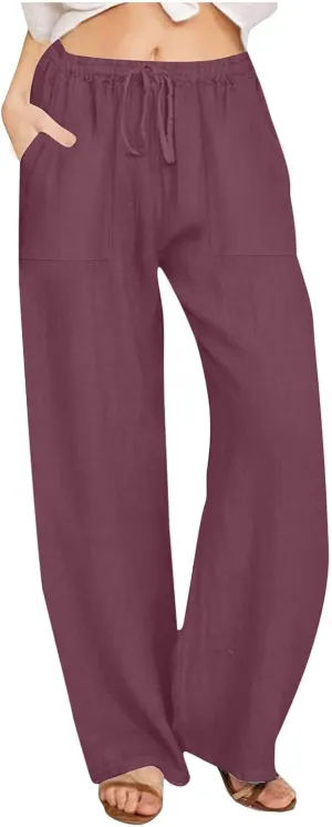 Linen Pants for Women Casual Baggy High Waist Straight Leg Pants Lightweight Comfy Summer Beach Trousers with Pockets
