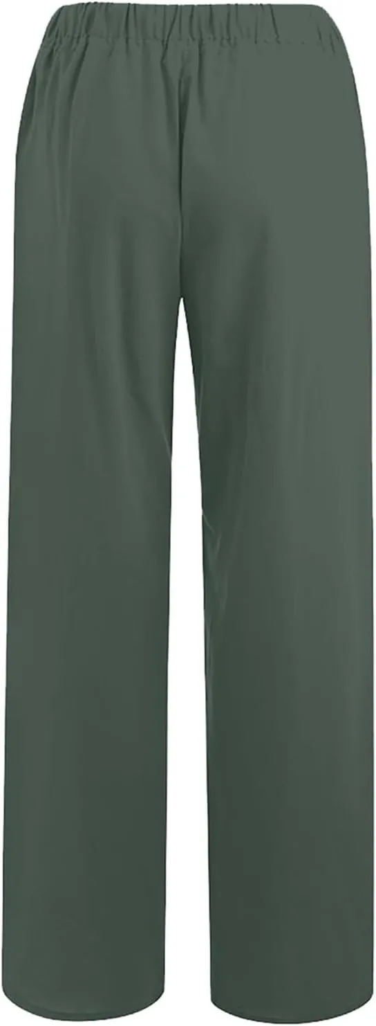Linen Pants for Women Casual Baggy High Waist Straight Leg Pants Lightweight Comfy Summer Beach Trousers with Pockets