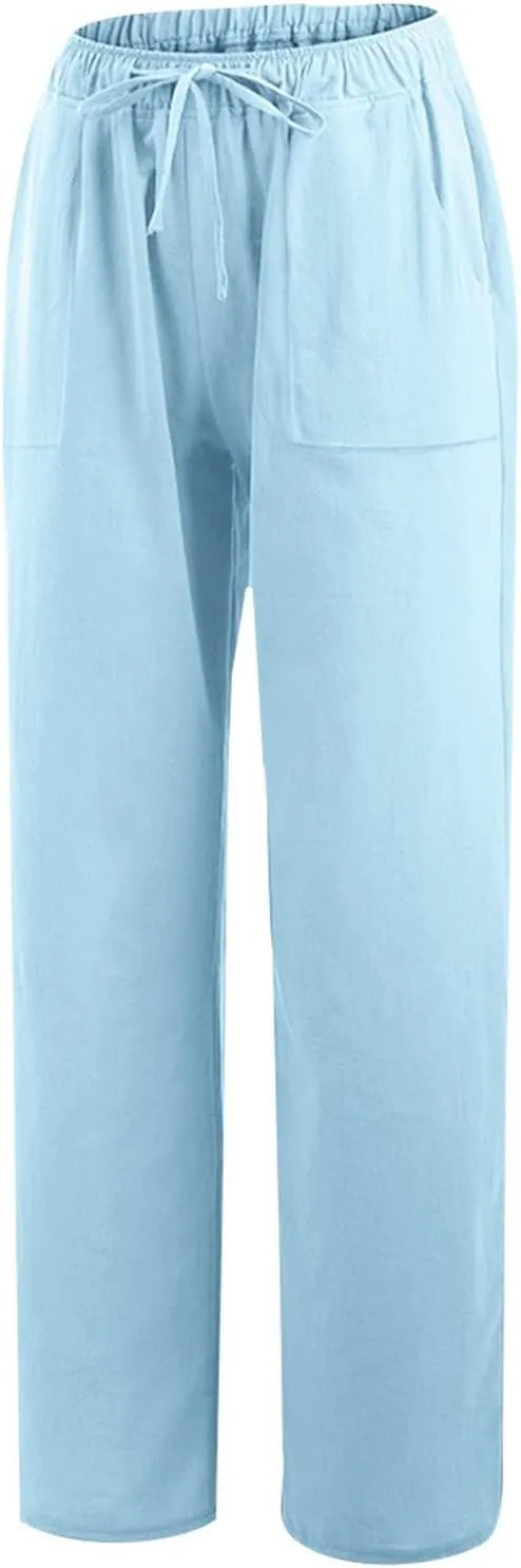 Linen Pants for Women Casual Baggy High Waist Straight Leg Pants Lightweight Comfy Summer Beach Trousers with Pockets