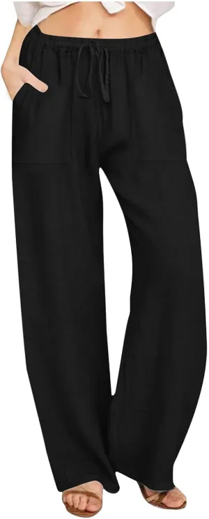 Linen Pants for Women Casual Baggy High Waist Straight Leg Pants Lightweight Comfy Summer Beach Trousers with Pockets