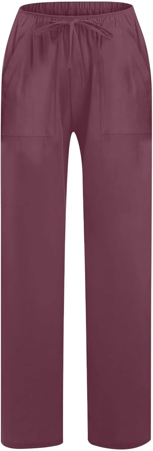 Linen Pants for Women Casual Baggy High Waist Straight Leg Pants Lightweight Comfy Summer Beach Trousers with Pockets