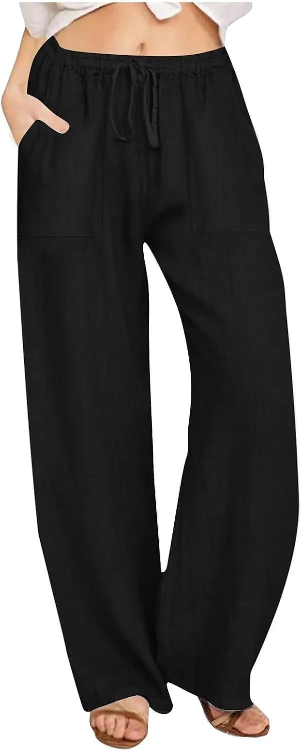 Linen Pants for Women Casual Baggy High Waist Straight Leg Pants Lightweight Comfy Summer Beach Trousers with Pockets