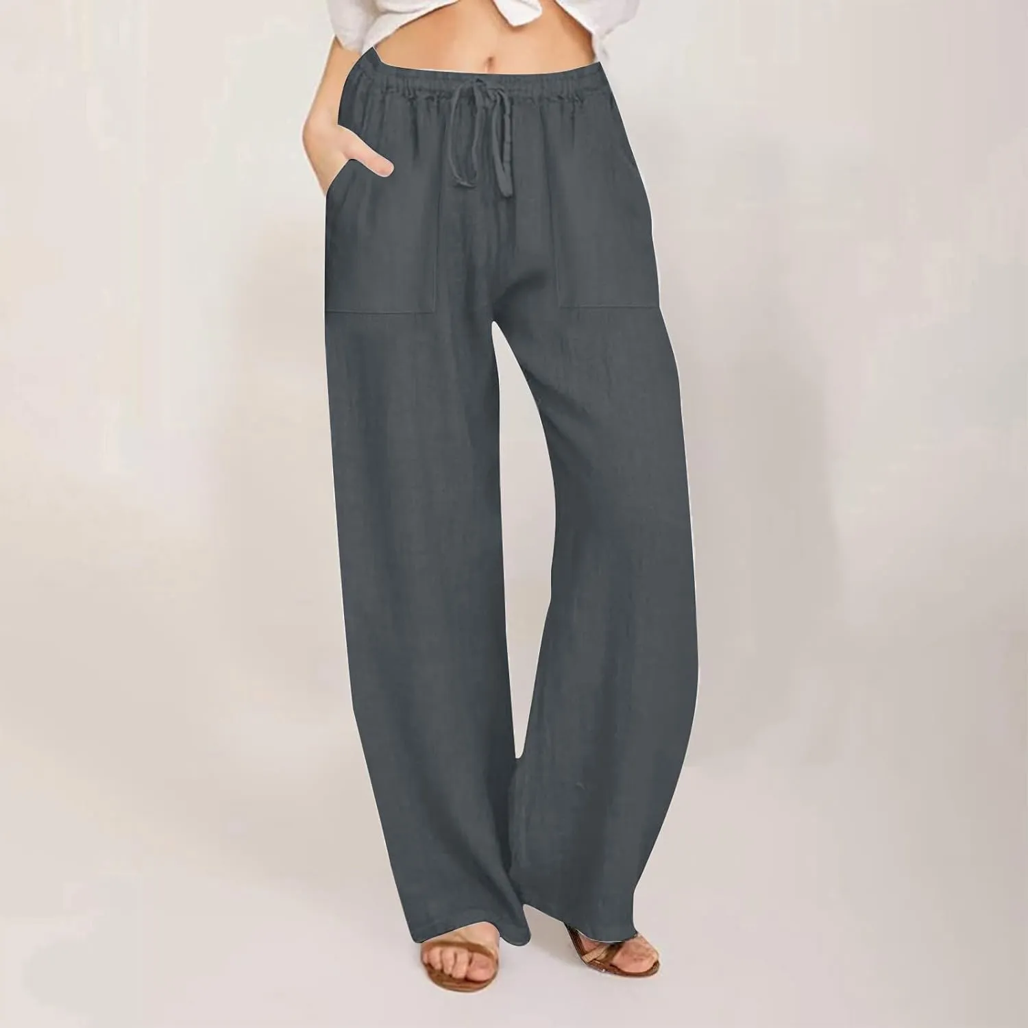 Linen Pants for Women Casual Baggy High Waist Straight Leg Pants Lightweight Comfy Summer Beach Trousers with Pockets