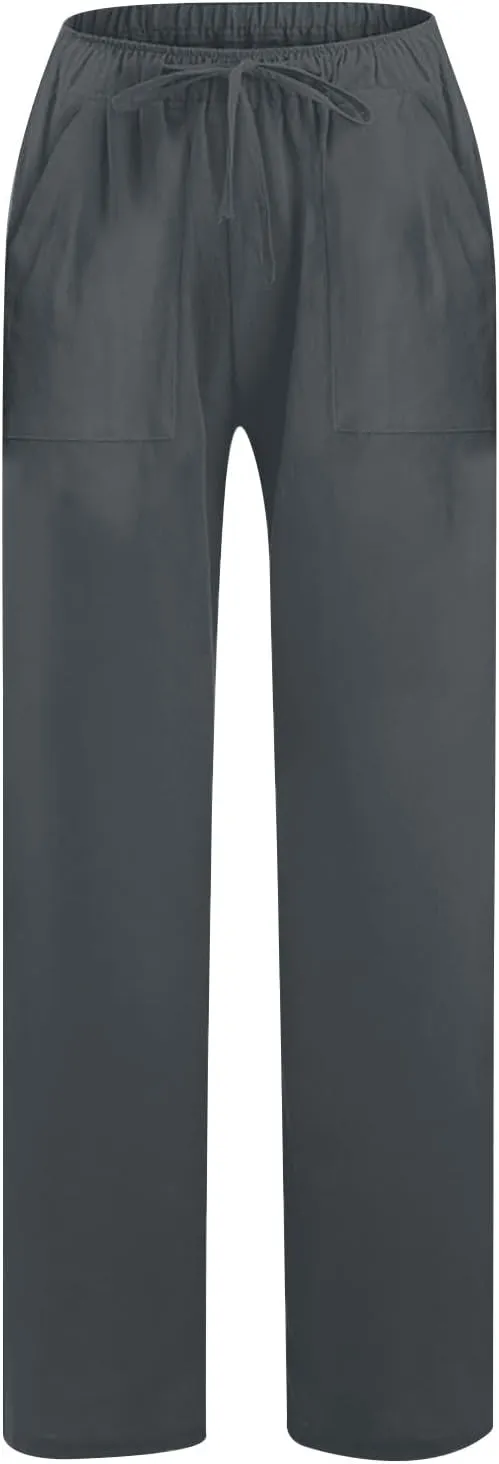 Linen Pants for Women Casual Baggy High Waist Straight Leg Pants Lightweight Comfy Summer Beach Trousers with Pockets