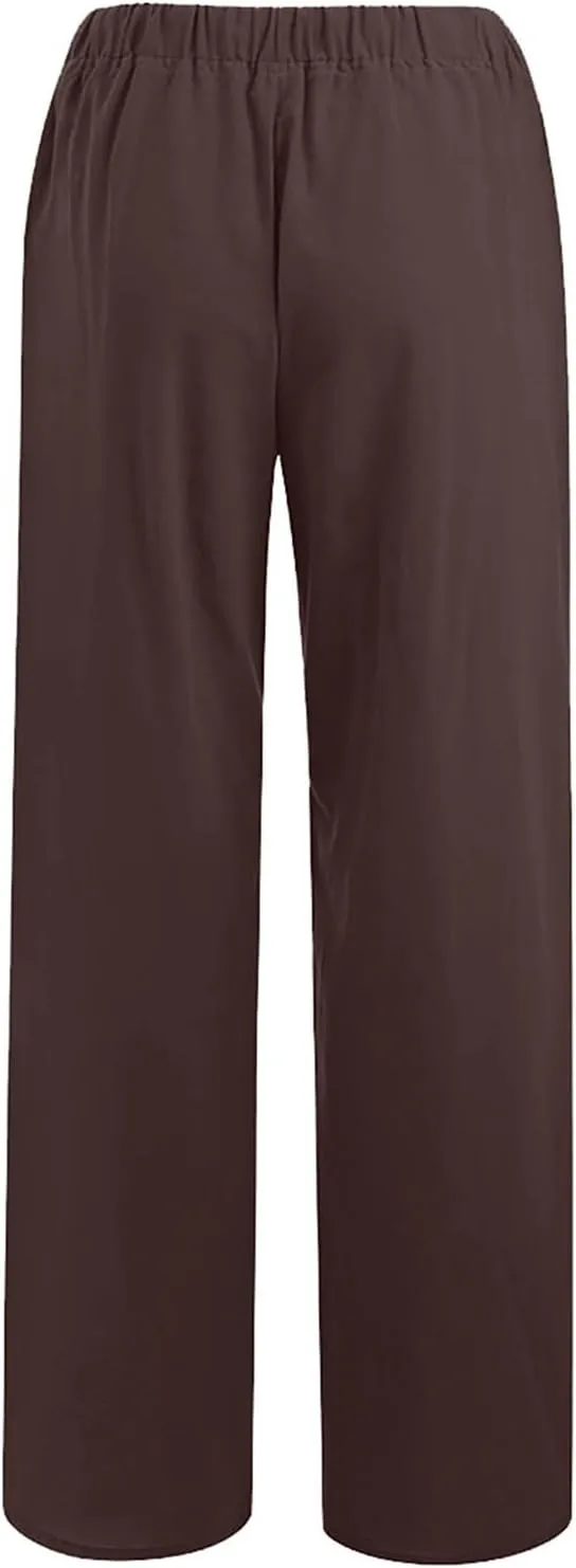 Linen Pants for Women Casual Baggy High Waist Straight Leg Pants Lightweight Comfy Summer Beach Trousers with Pockets
