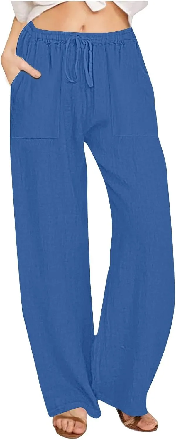 Linen Pants for Women Casual Baggy High Waist Straight Leg Pants Lightweight Comfy Summer Beach Trousers with Pockets