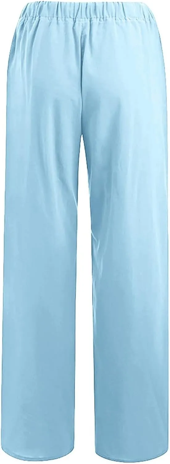 Linen Pants for Women Casual Baggy High Waist Straight Leg Pants Lightweight Comfy Summer Beach Trousers with Pockets