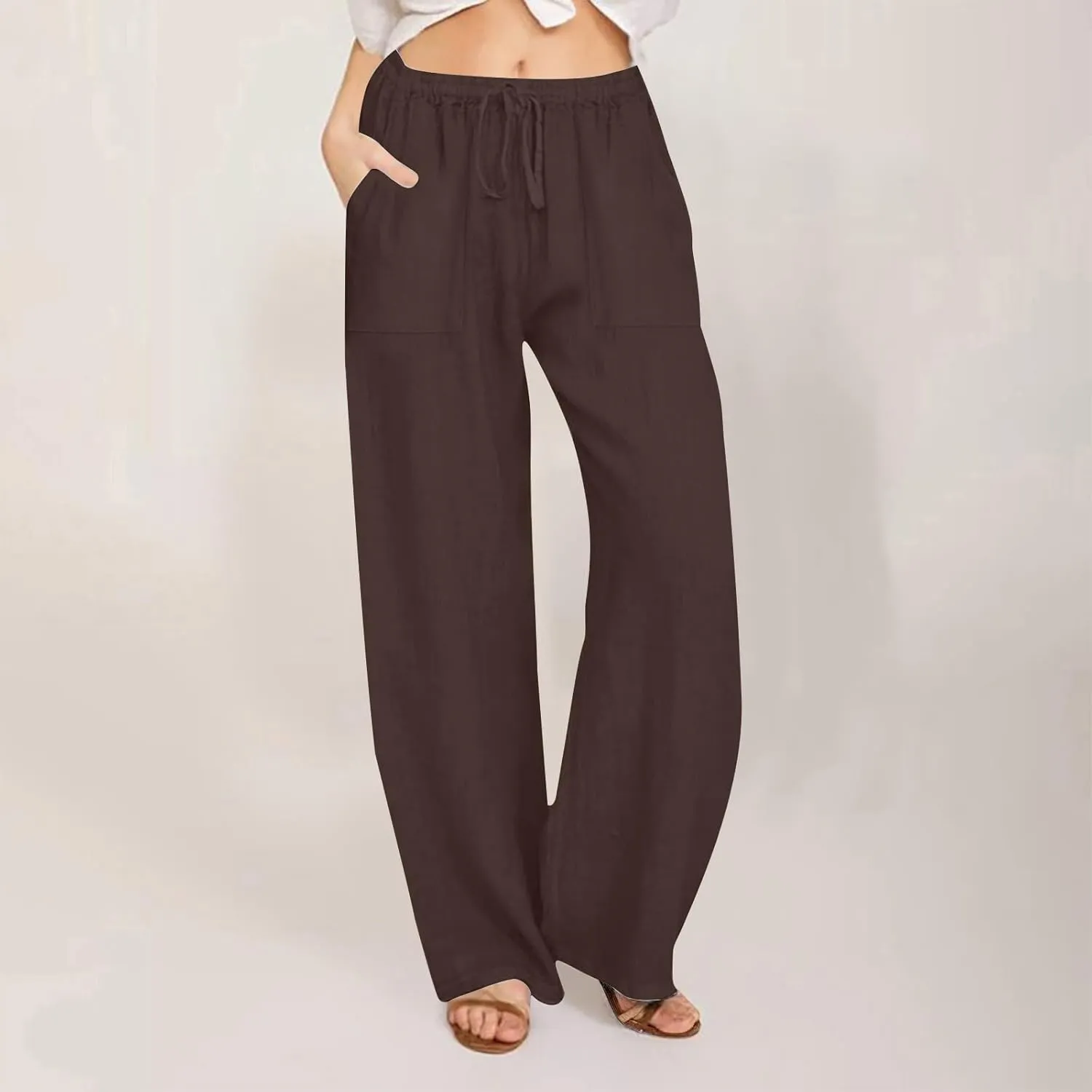 Linen Pants for Women Casual Baggy High Waist Straight Leg Pants Lightweight Comfy Summer Beach Trousers with Pockets