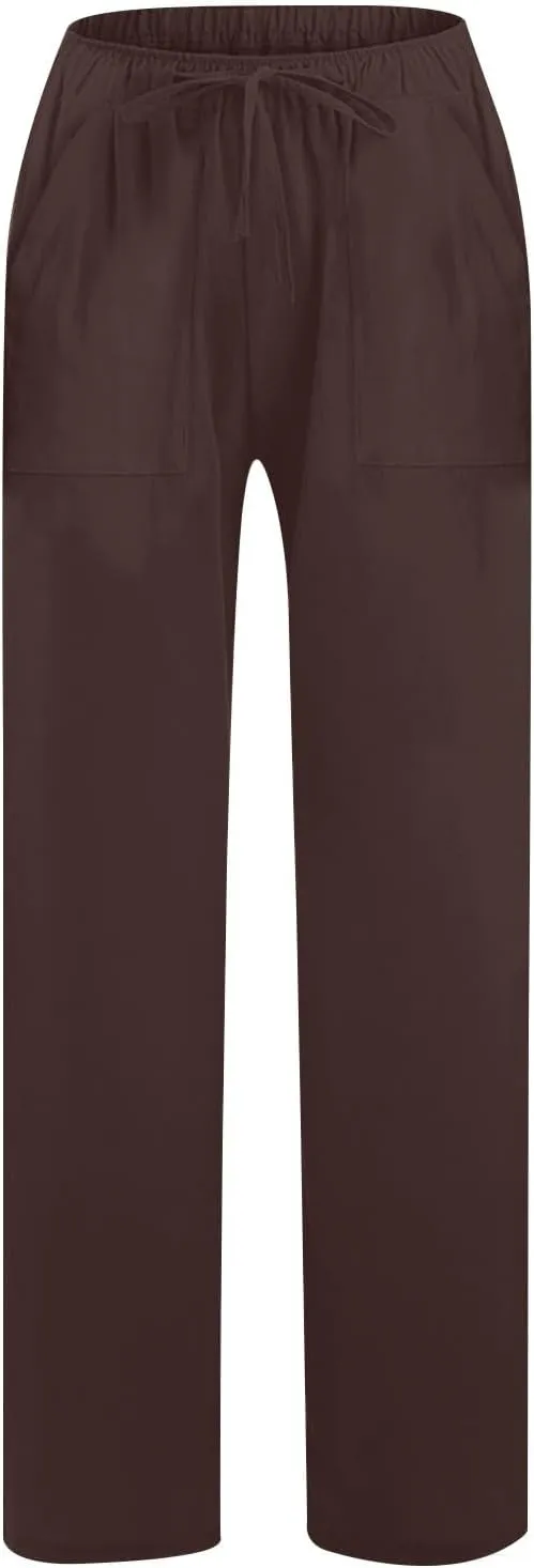 Linen Pants for Women Casual Baggy High Waist Straight Leg Pants Lightweight Comfy Summer Beach Trousers with Pockets