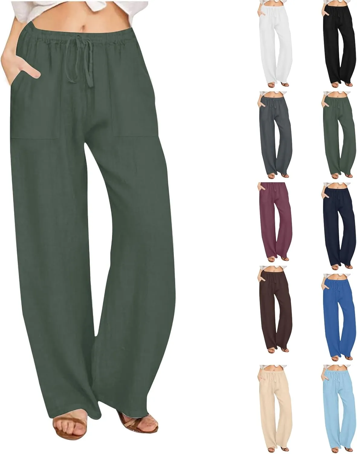 Linen Pants for Women Casual Baggy High Waist Straight Leg Pants Lightweight Comfy Summer Beach Trousers with Pockets