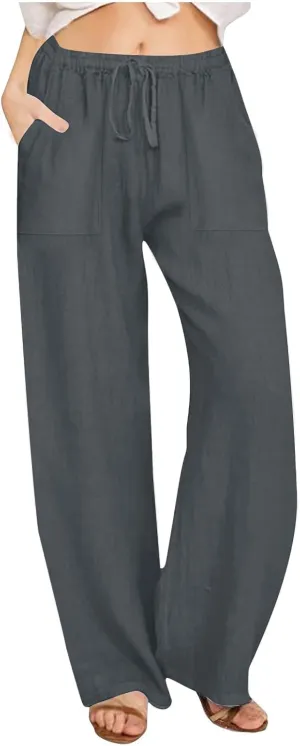 Linen Pants for Women Casual Baggy High Waist Straight Leg Pants Lightweight Comfy Summer Beach Trousers with Pockets