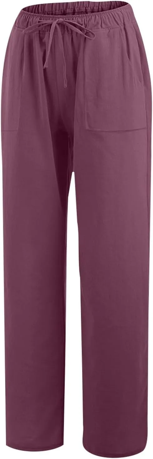 Linen Pants for Women Casual Baggy High Waist Straight Leg Pants Lightweight Comfy Summer Beach Trousers with Pockets