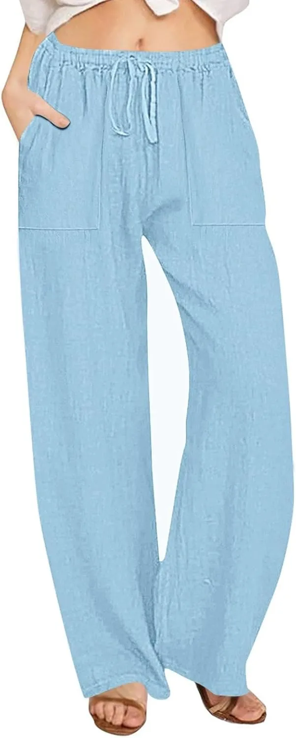 Linen Pants for Women Casual Baggy High Waist Straight Leg Pants Lightweight Comfy Summer Beach Trousers with Pockets