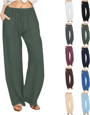 Linen Pants for Women Casual Baggy High Waist Straight Leg Pants Lightweight Comfy Summer Beach Trousers with Pockets