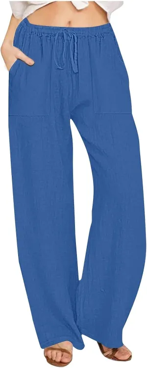 Linen Pants for Women Casual Baggy High Waist Straight Leg Pants Lightweight Comfy Summer Beach Trousers with Pockets