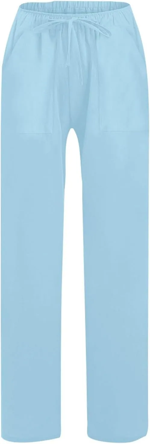 Linen Pants for Women Casual Baggy High Waist Straight Leg Pants Lightweight Comfy Summer Beach Trousers with Pockets