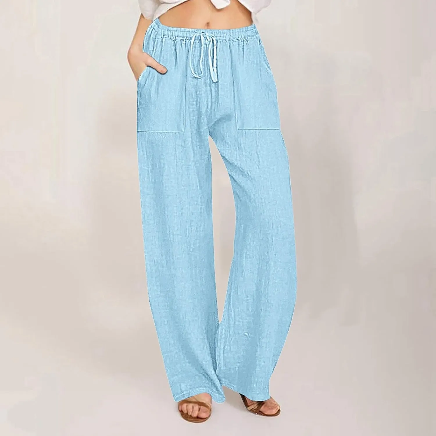 Linen Pants for Women Casual Baggy High Waist Straight Leg Pants Lightweight Comfy Summer Beach Trousers with Pockets