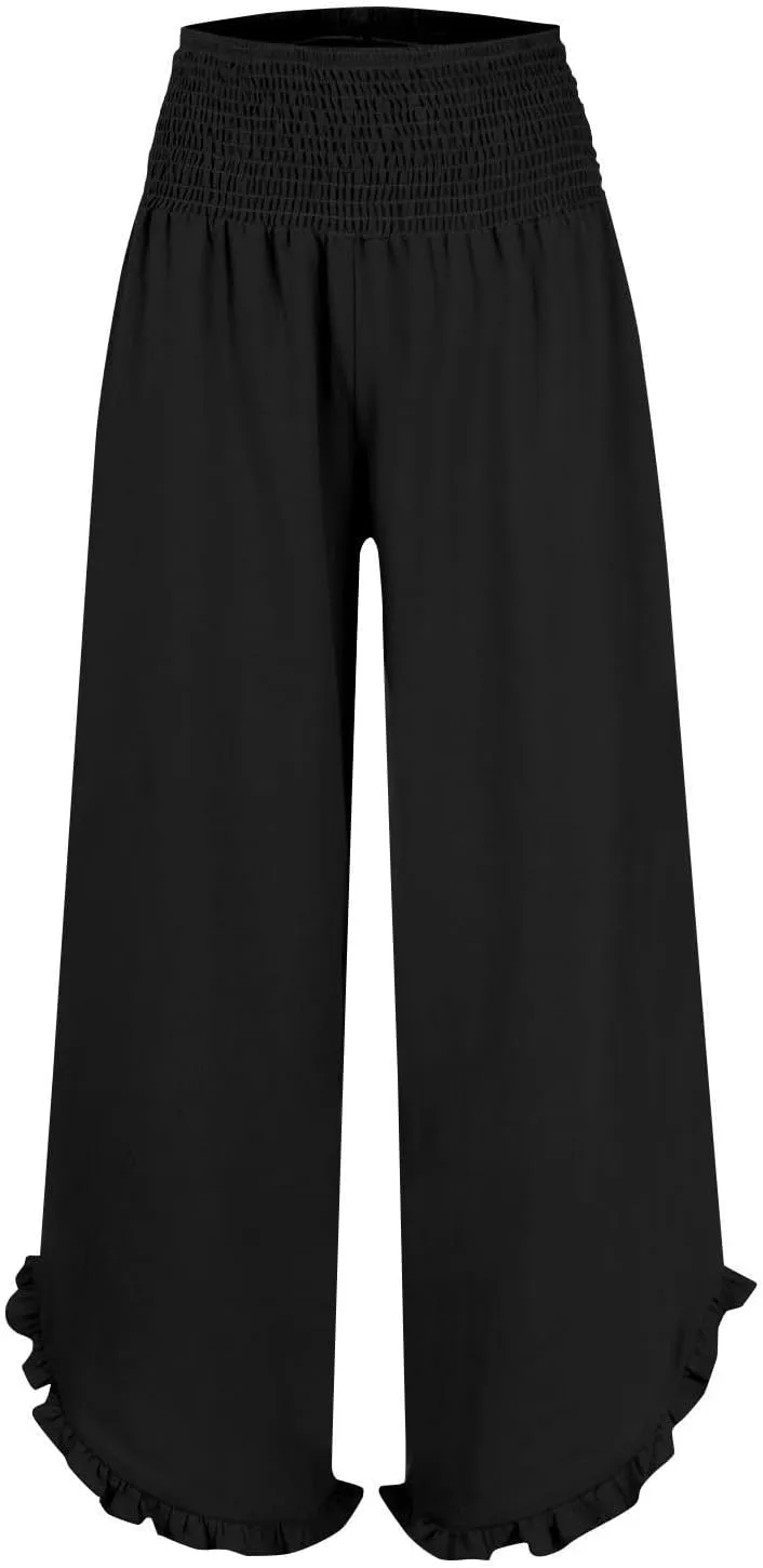 Linen Pants for Women Casual Ruffle Hem Elastic High Waisted Summer Palazzo Pants Lightweight Comfy Soft Flowy Pant