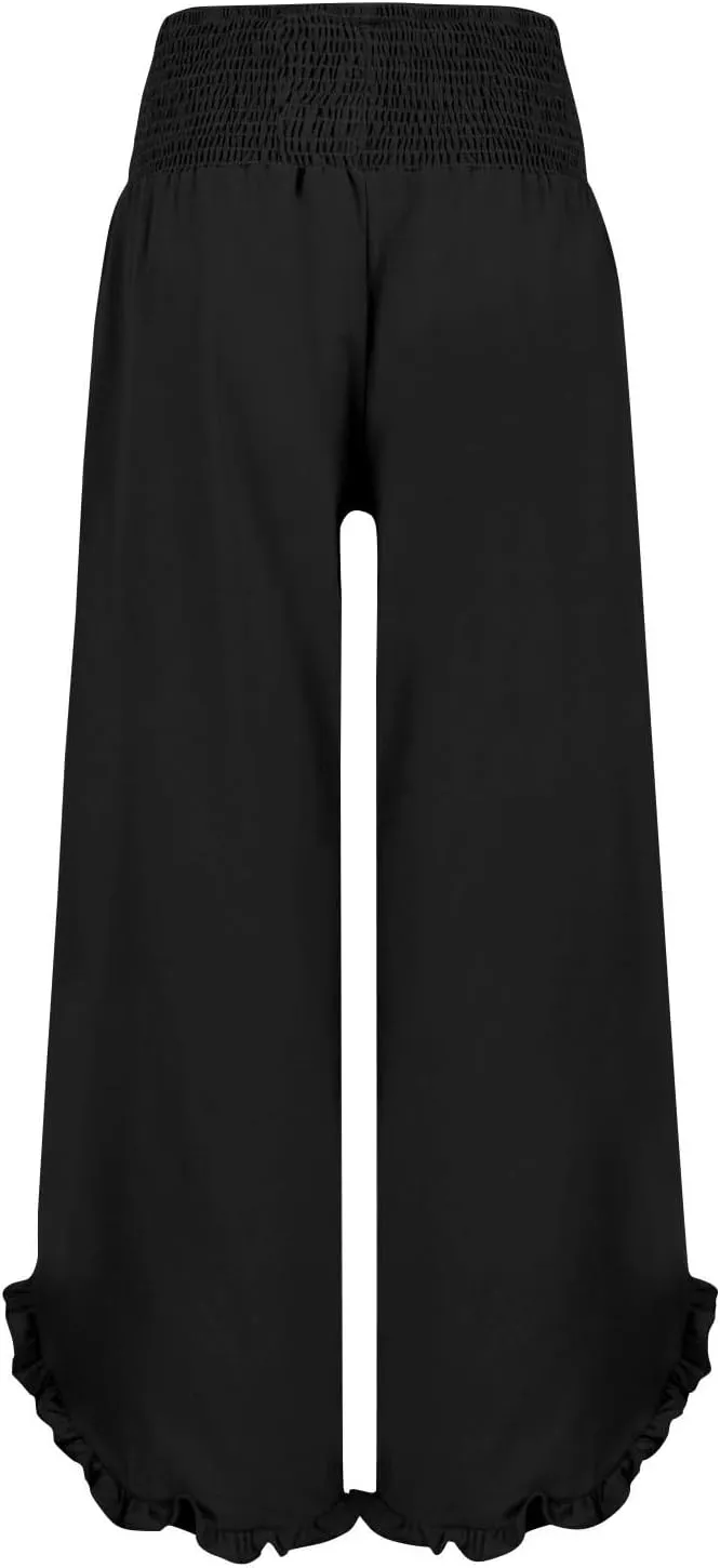 Linen Pants for Women Casual Ruffle Hem Elastic High Waisted Summer Palazzo Pants Lightweight Comfy Soft Flowy Pant