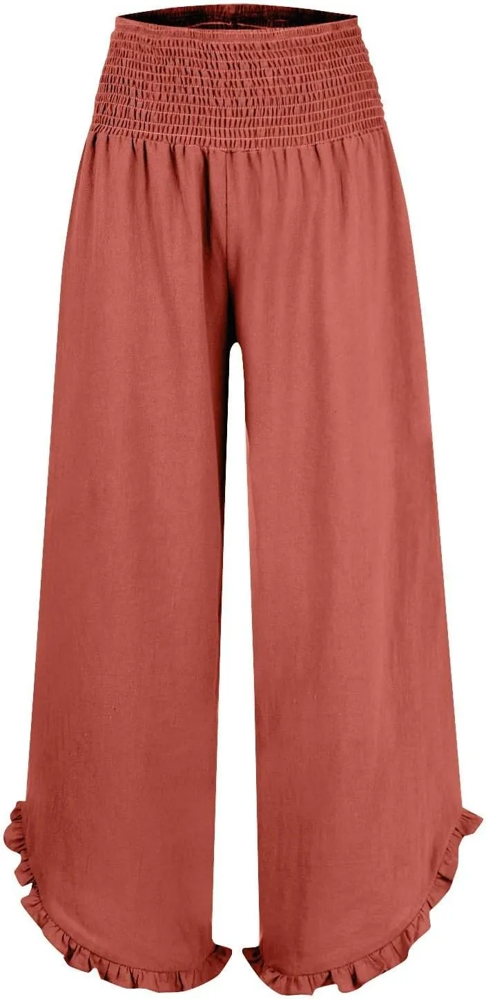 Linen Pants for Women Casual Ruffle Hem Elastic High Waisted Summer Palazzo Pants Lightweight Comfy Soft Flowy Pant