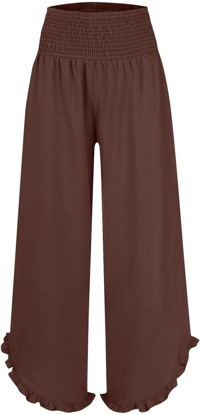 Linen Pants for Women Casual Ruffle Hem Elastic High Waisted Summer Palazzo Pants Lightweight Comfy Soft Flowy Pant