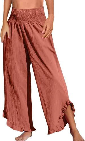 Linen Pants for Women Casual Ruffle Hem Elastic High Waisted Summer Palazzo Pants Lightweight Comfy Soft Flowy Pant