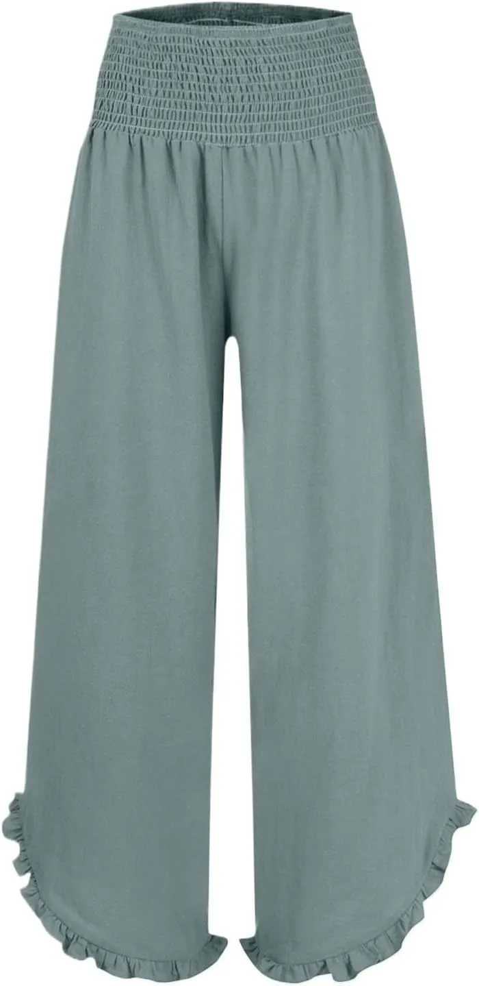 Linen Pants for Women Casual Ruffle Hem Elastic High Waisted Summer Palazzo Pants Lightweight Comfy Soft Flowy Pant