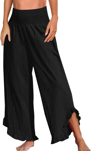 Linen Pants for Women Casual Ruffle Hem Elastic High Waisted Summer Palazzo Pants Lightweight Comfy Soft Flowy Pant