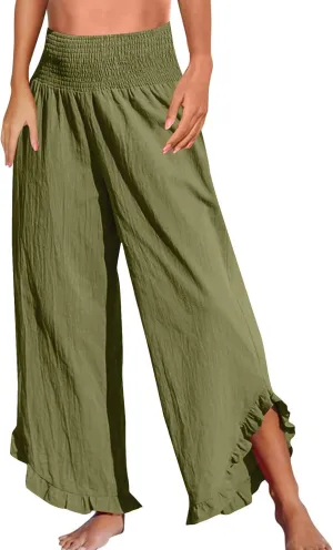 Linen Pants for Women Casual Ruffle Hem Elastic High Waisted Summer Palazzo Pants Lightweight Comfy Soft Flowy Pant