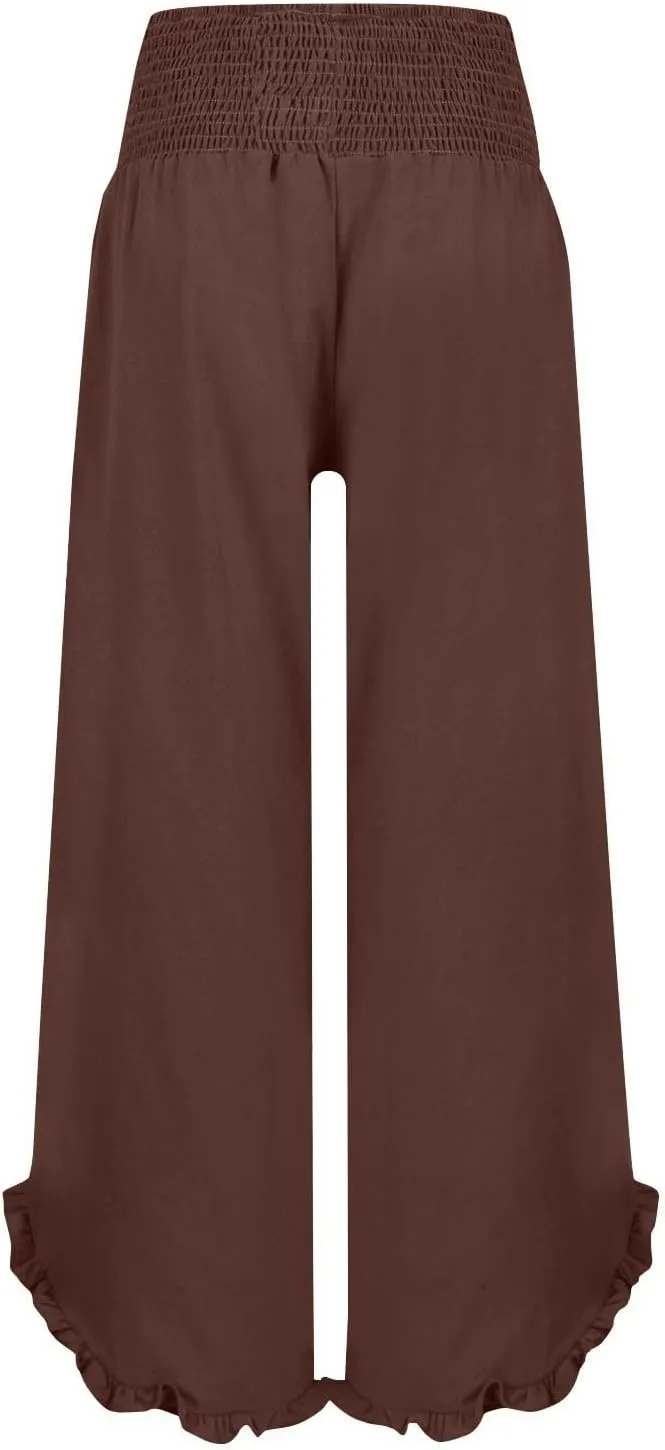 Linen Pants for Women Casual Ruffle Hem Elastic High Waisted Summer Palazzo Pants Lightweight Comfy Soft Flowy Pant