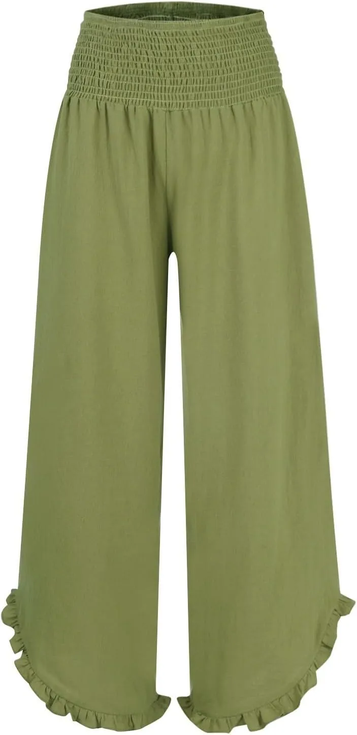 Linen Pants for Women Casual Ruffle Hem Elastic High Waisted Summer Palazzo Pants Lightweight Comfy Soft Flowy Pant