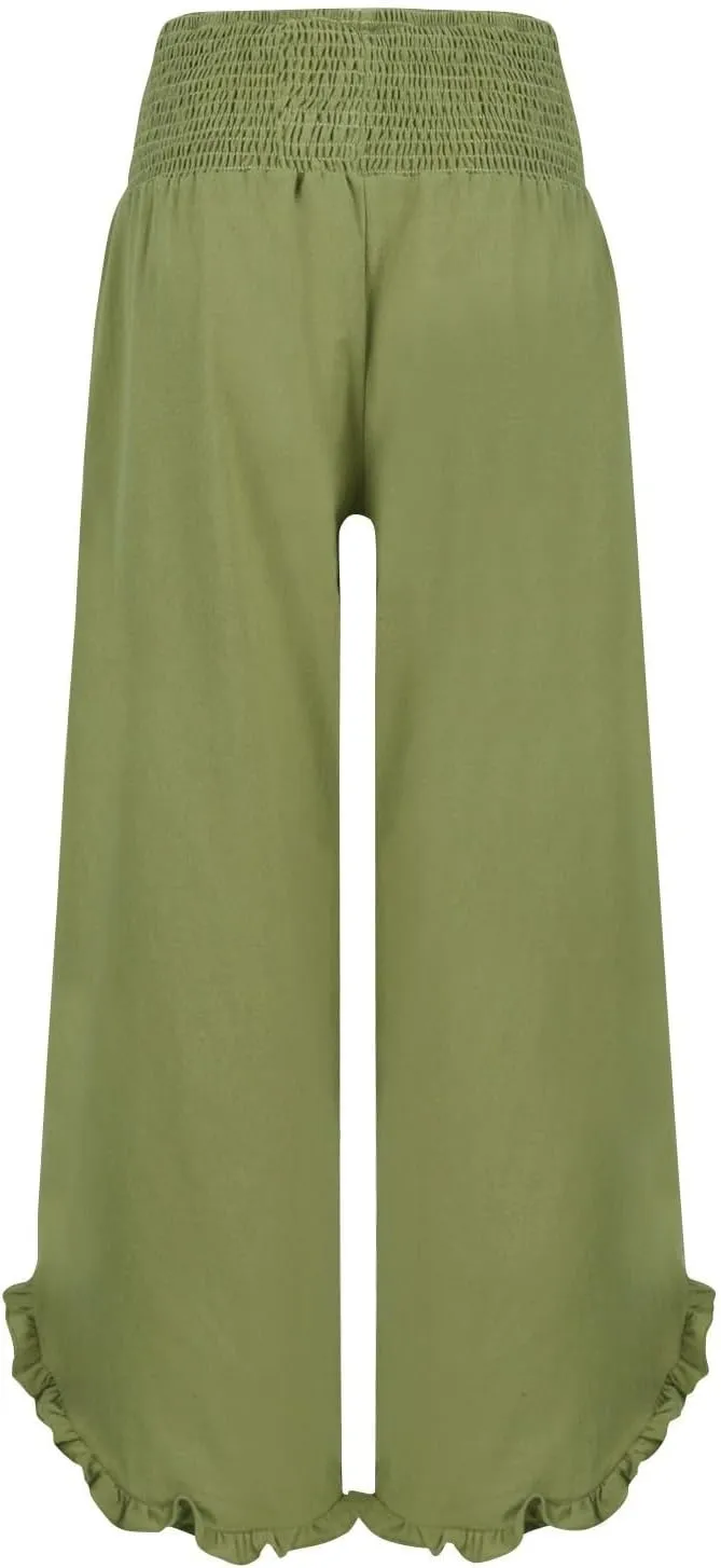 Linen Pants for Women Casual Ruffle Hem Elastic High Waisted Summer Palazzo Pants Lightweight Comfy Soft Flowy Pant