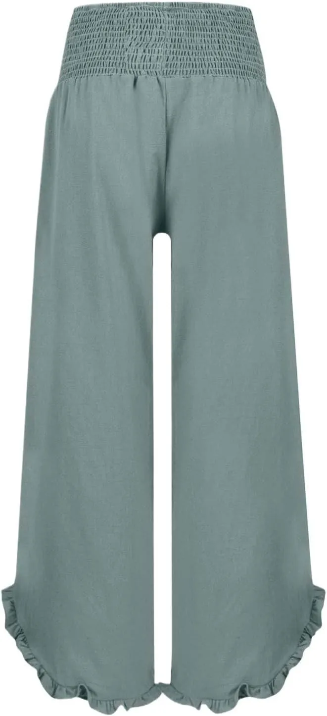 Linen Pants for Women Casual Ruffle Hem Elastic High Waisted Summer Palazzo Pants Lightweight Comfy Soft Flowy Pant