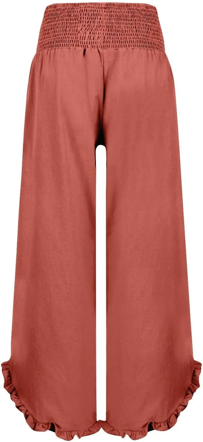 Linen Pants for Women Casual Ruffle Hem Elastic High Waisted Summer Palazzo Pants Lightweight Comfy Soft Flowy Pant